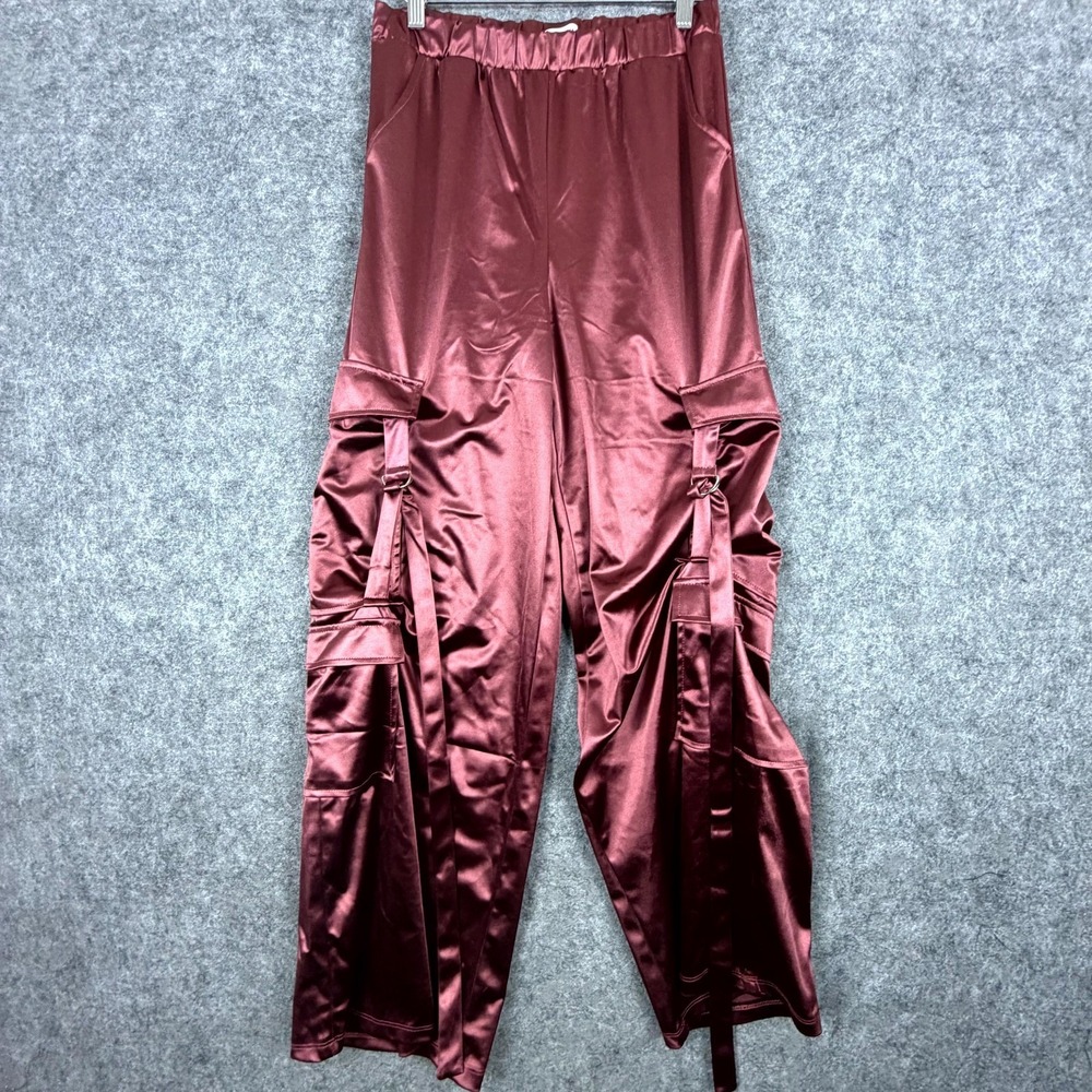 Persaya Satin Cargo Pants Womens Medium Red Satin Skater Elastic Waist Pockets